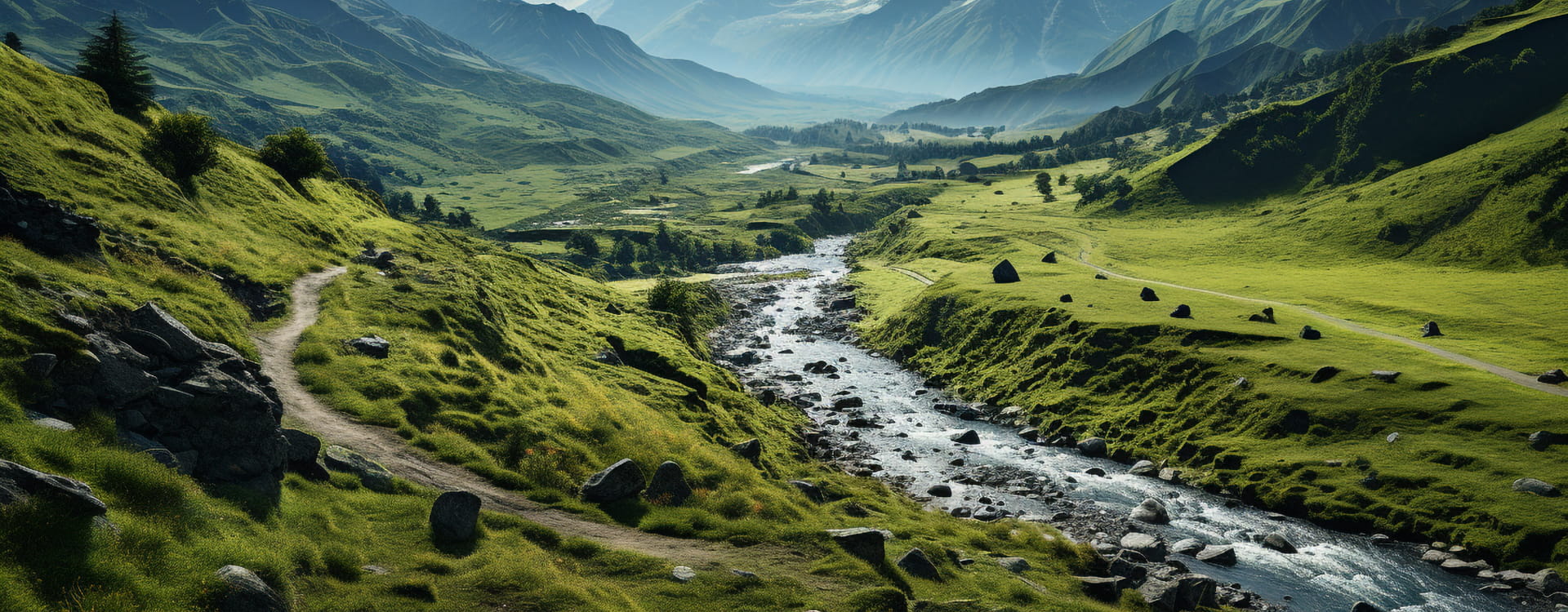 Hoznayo Vista panóramica de una pradera verde con un río y montañas de fondo